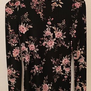 Forever 21 Black Floral Long Sleeve Top with Pink & Cream Blooms
